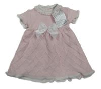 Nové - Svetloružová -biele pletené šaty s mašlou Pex