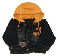 Tmavomodrá rifľová bunda s teplákovou kapucňou a výšivkou