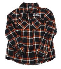 Čierno-oranžovo-biela kockovaná flanelová košeľa