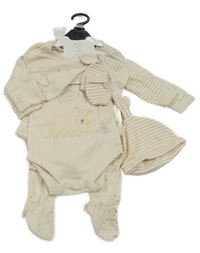Nové - 6pack - Béžový overal + pruhované body + béžové body + čepice + bryndák + rukavice Mothercare