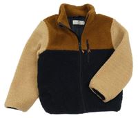 Tmavmodro-hnědo-béžová huňatá podšitá bunda H&M