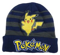 Tmavomodro-šedá pruhovaná pletená čepice Pikachu