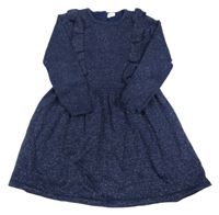 Tmavomodré svetrové trblietavé šaty s volánikmi H&M