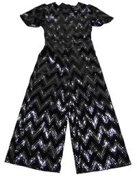 Černo-stříbrný vzorovaný/flitrový sametový kalhotový culottes overal RIVER ISLAND