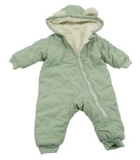 Olivová prošívaná šusťáková zimní kombinéza s kapucí s oušky