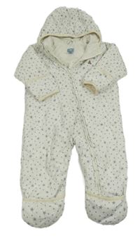 Biela bodkovaná á prešívaná šušťáková zimná kombinéza s hviezdičkami a kapucňou GAP