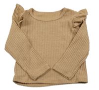 Hnědé žebrované úpletové mikinotriko s volánikmi SHEIN