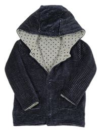 Tmavomodro-světlešedý pruhovaný sametový zateplený oboustranný kabátek s kapucňou George