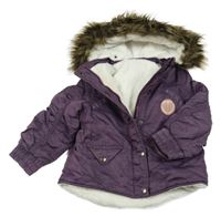 Lilková šušťáková zimná parka s nášivkou a odopínacíá kapucňou s kožešinou campus