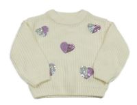 Smetanový žebrovaný pletený svetr se srdíčky z flitrů C&A