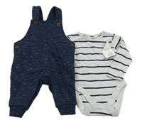 Nové - 2Set - Tmavomodré melírované na traké tepláky s kapsou + šedo/černé pruhované melírované body F&F