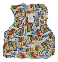 Nové - bielo-zafírové šaty s papoušky a palmami a kvetmi a volánikmi PRIMARK