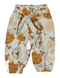 Smetanové cuff teplákové kalhoty s kytičkami a zavazováním