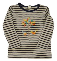 Světlebéžovo-černé pruhované melírované triko se stromečkem a ptáčky ALANA