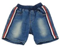 Modré teplákové rifľové kraťasy s pruhmi a úpletovým pasom