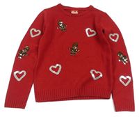 Červený crop sveter so srdiečkami a perníčky s flitrami
