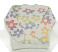 Bílý květovaný chlupatý vlněný svetr Next