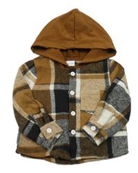 Hnedo-čierno-béžová kockovaná košeľová bunda s kapucňou Shein