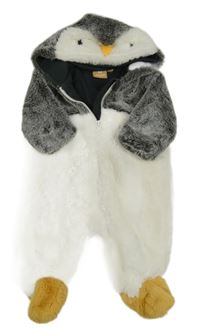 Bílo-tmavošedá chlupatá podšitá kombinéza s kapucí - tučňák Manor