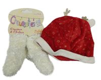 2set - Červená sametová čepice s hvězdami + smetanové chlupaté ponožky