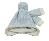 Nové - 2set - Světlemodrá pletená čepice s bambulí + rukavice Nutmeg