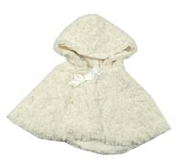 Krémové kožušinové podšité pončo s mašlou a kapucňou