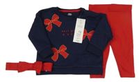 Nové - 3set - Tmavomodrá mikina s mašlemi + červené legíny + čelenka s mašlí F&F