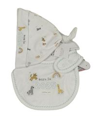 Nové - 2set - Bílá bavlněná čepice se zvířaty + slinták Next
