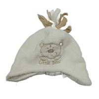 Biela plyšová podšitá čapica s medvěďom a strapcemi