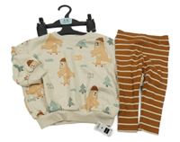 Nové  - 2 set - světlebéžová oversize mikina s medvědy + hnědé pruhované žebrované lehké tepláky dunnes