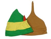 2 x čepice - hnědá + zeleno-žlutá