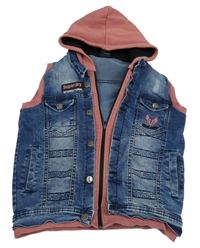 Modrá rifľová vesta s výšivkami a teplákovou kapucňou