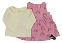 Nové - 2 set - smetanové triko + růžové fleecové šaty s duhami dunnes