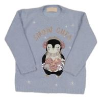 Světlemodrý chlupatý lehký svetr s tučňákem Lipsy London