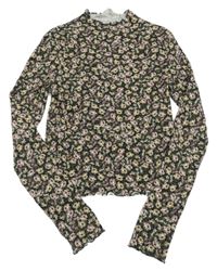 Khaki květované crop žebrované triko H&M