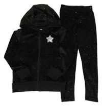 2 set - černé sametové třpytivé legíny + propínací mikina s kapucí Kiki&Koko