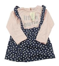 Nové - 2 set - svetloružové tričko s nápisem + tmavomodrá sukňa so srdiečkami a trakami Peacocks