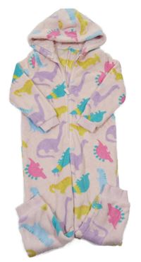Světlerůžová chlupatá kombinéza s barevnými dinosaury a kapucí M&S