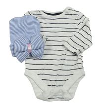 2set - Bílo-černé pruhované body + modro-bílá pruhovaná čepice s mašlí 