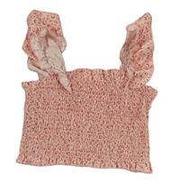 Ružový kvetovaný crop top so žabičkováním Shein