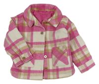 Růžovo-bílo-béžová vlněná kostkovaná podšitá košilová bunda F&F