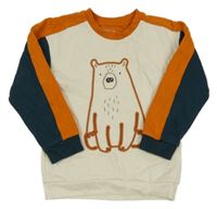 Smetanovo-oranžovo-petrolejová mikina s medvedíkom Nutmeg