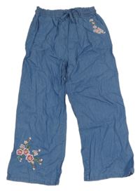 Nové - Modré lehké široké riflové kalhoty s květy Max