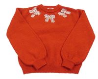 Červený vlněný svetr s mašlemi z perel H&M