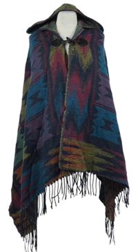 Dámské tmavomodré kostkované pletené pončo s kapucí 