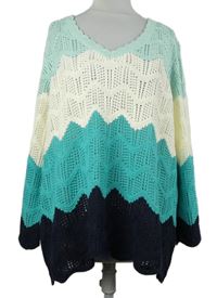 Dámský tyrkysovo-bílo-tmavomodrý vzorovaný ažurový svetr Roman 