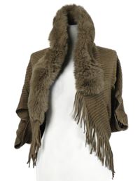 Dámský hnědý svetrový cardigán s kožíškem a třásněmi 