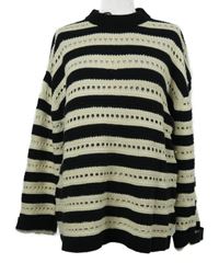 Dámský černo-smetanový pruhovaný ažurový oversizedsvetr H&M