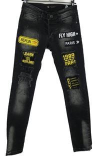 Pánske čierne skinny rifle s nápisy vel. 29