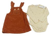 Nové- 2set- rezavé manšestrové laclové šaty s liškou+ béžové květinové body F&F